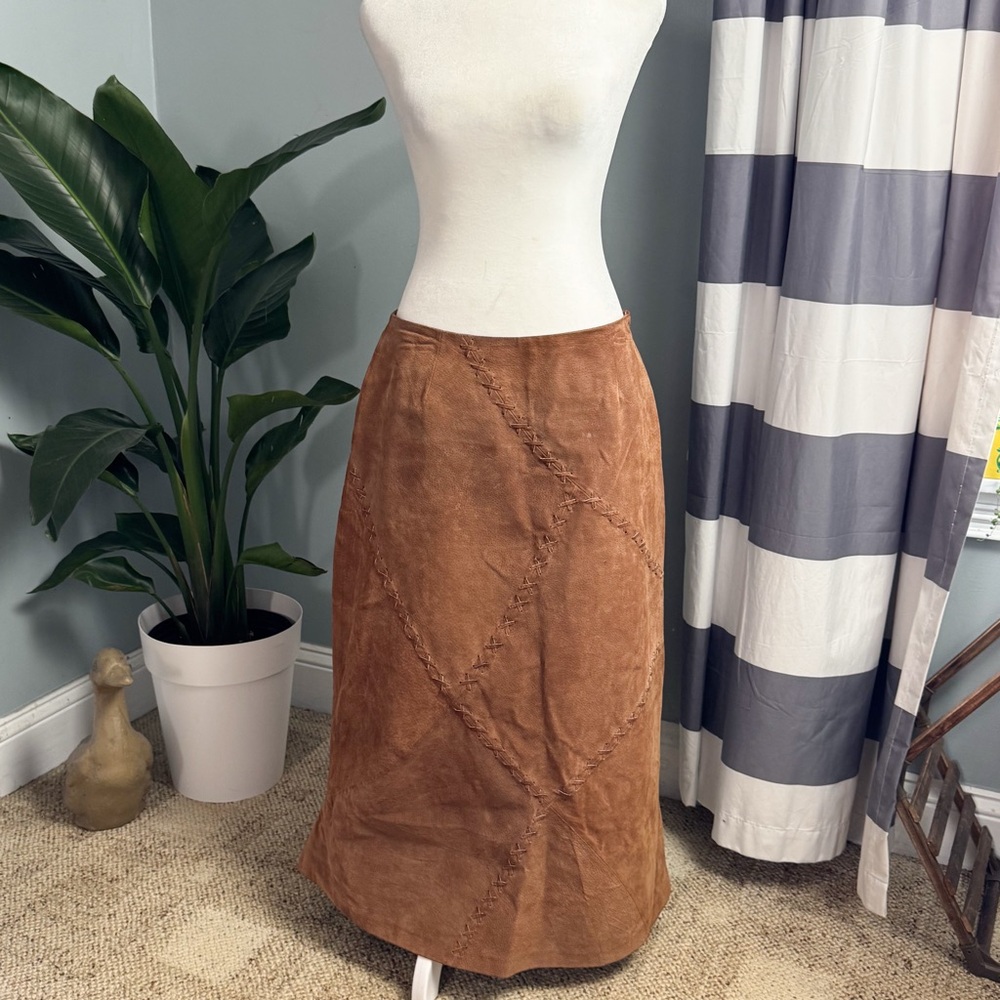 Vintage Y2K Boho Western Leather Patchwork Midi Skirt Size 8 - Picture 2 of 8